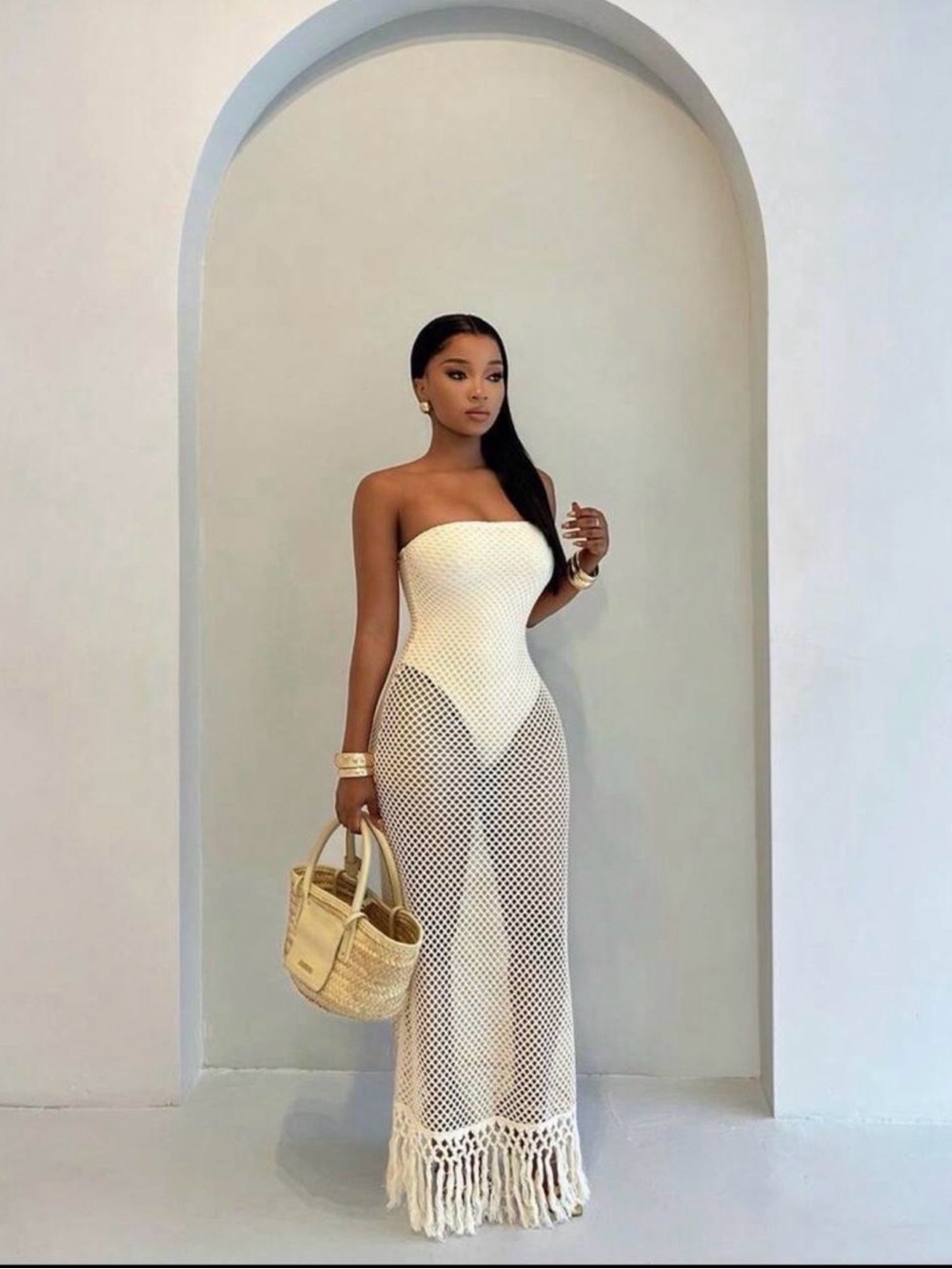 Strapless Cream Crochet Maxi Dress with Fringe